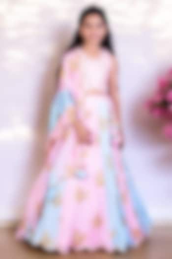 Pink & Blue Georgette Embroidered Lehenga Set For Girls by Fayon Kids at Pernia's Pop Up Shop