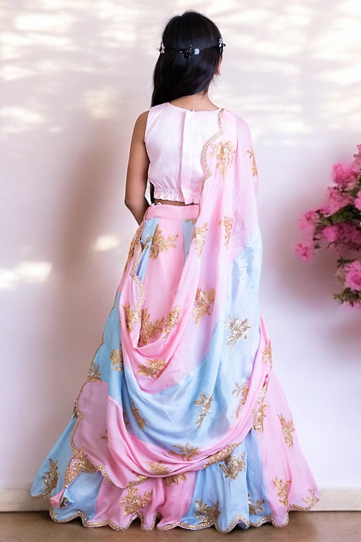 Pink & Blue Georgette Embroidered Lehenga Set For Girls by Fayon Kids at Pernia's Pop Up Shop