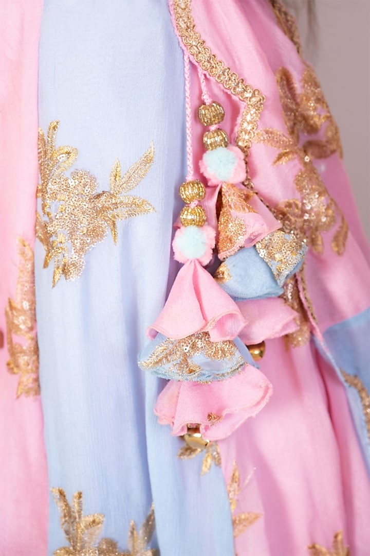 Pink & Blue Georgette Embroidered Lehenga Set For Girls by Fayon Kids at Pernia's Pop Up Shop
