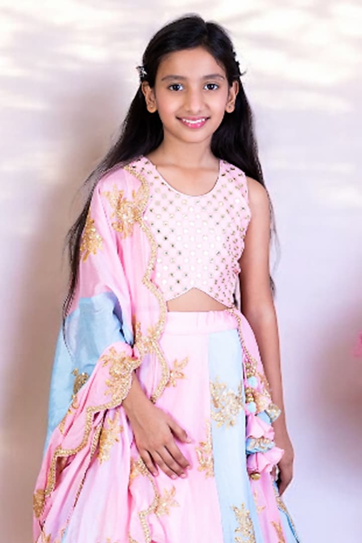 Pink & Blue Georgette Embroidered Lehenga Set For Girls by Fayon Kids at Pernia's Pop Up Shop