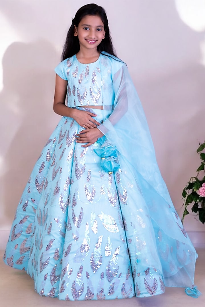 Blue Net Embroidered Lehenga Set For Girls by Fayon Kids at Pernia's Pop Up Shop