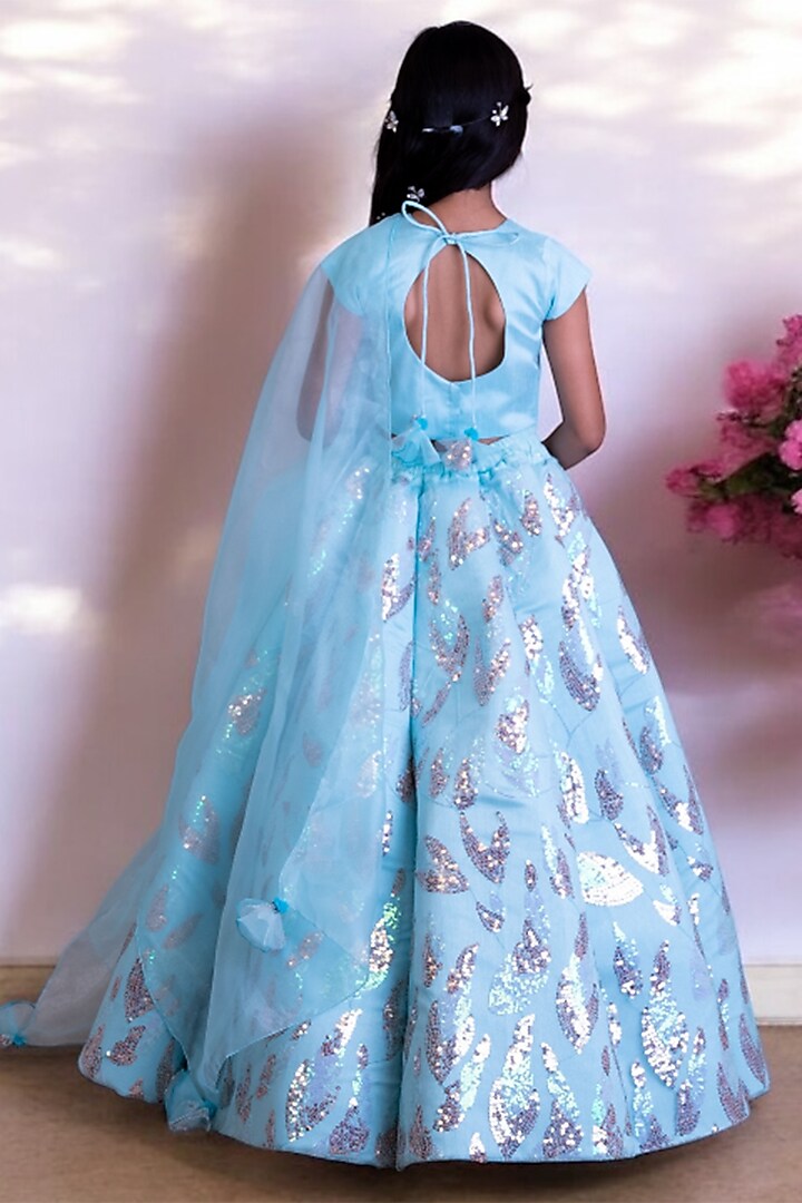 Blue Net Embroidered Lehenga Set For Girls by Fayon Kids at Pernia's Pop Up Shop