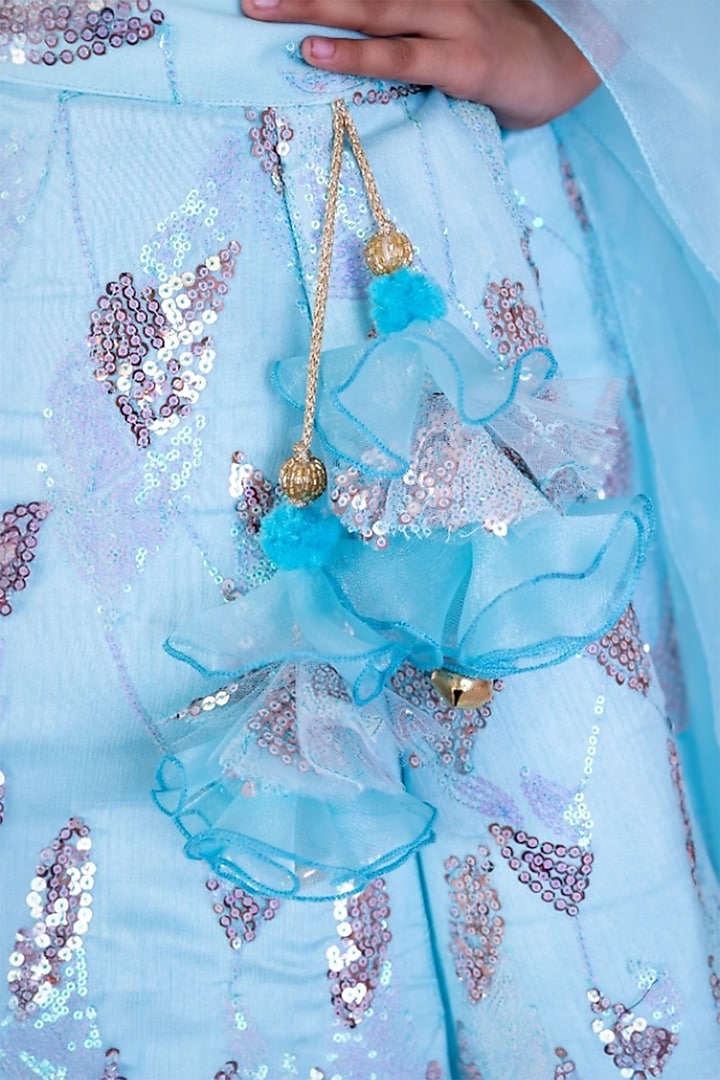 Blue Net Embroidered Lehenga Set For Girls by Fayon Kids at Pernia's Pop Up Shop