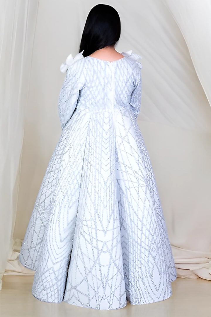 Grey Net Embroidered Gown For Girls by Fayon Kids at Pernia's Pop Up Shop