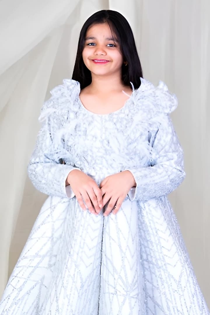 Grey Net Embroidered Gown For Girls by Fayon Kids at Pernia's Pop Up Shop