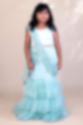 Blue Dupion Silk Embroidered Lehenga Saree Set For Girls by Fayon Kids at Pernia's Pop Up Shop