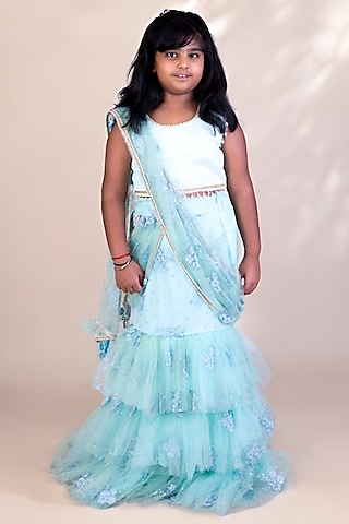 Blue Dupion Silk Embroidered Lehenga Saree Set For Girls by Fayon Kids