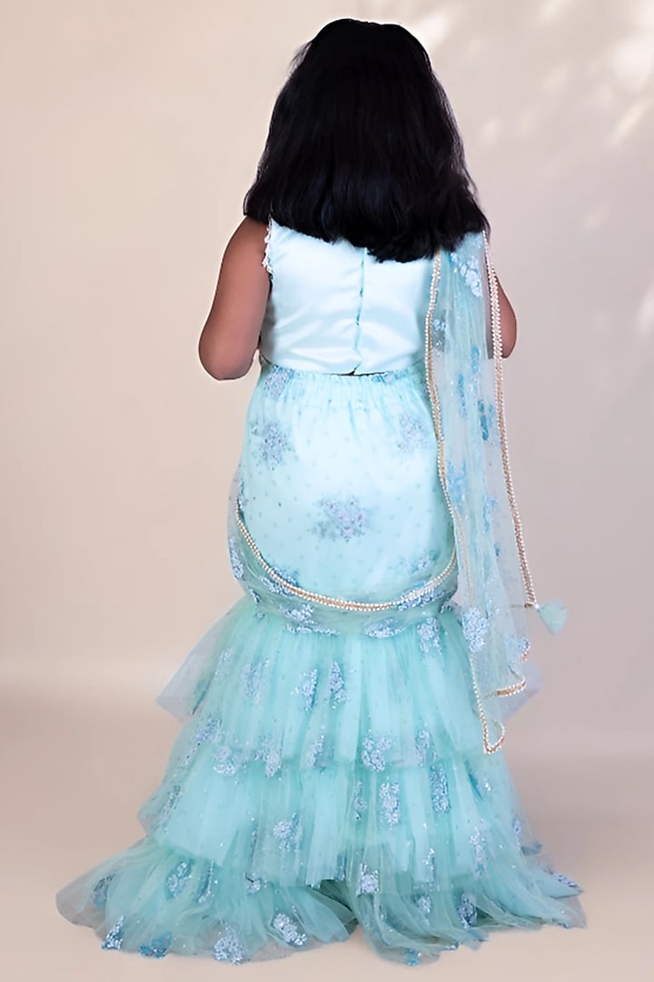 Blue Dupion Silk Embroidered Lehenga Saree Set For Girls by Fayon Kids at Pernia's Pop Up Shop
