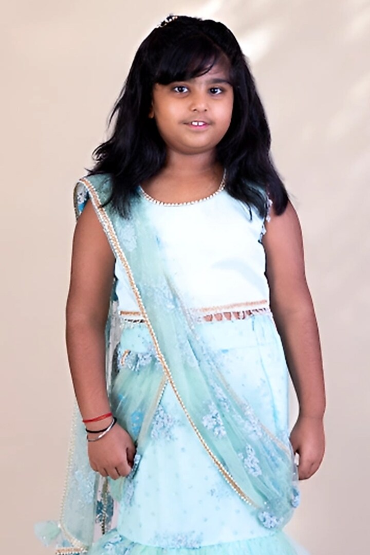 Blue Dupion Silk Embroidered Lehenga Saree Set For Girls by Fayon Kids at Pernia's Pop Up Shop