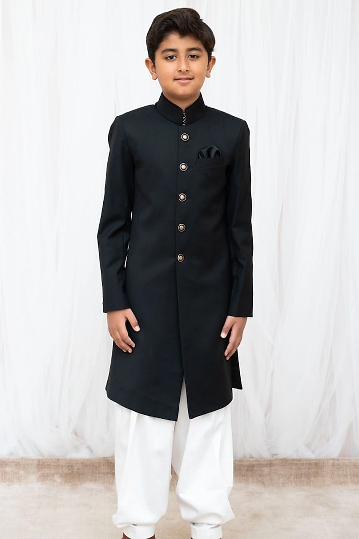 Black Suiting Sherwani Set For Boys by Fayon Kids at Pernia's Pop Up Shop