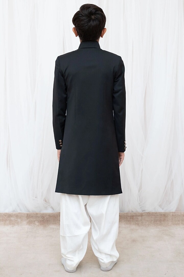 Black Suiting Sherwani Set For Boys by Fayon Kids at Pernia's Pop Up Shop