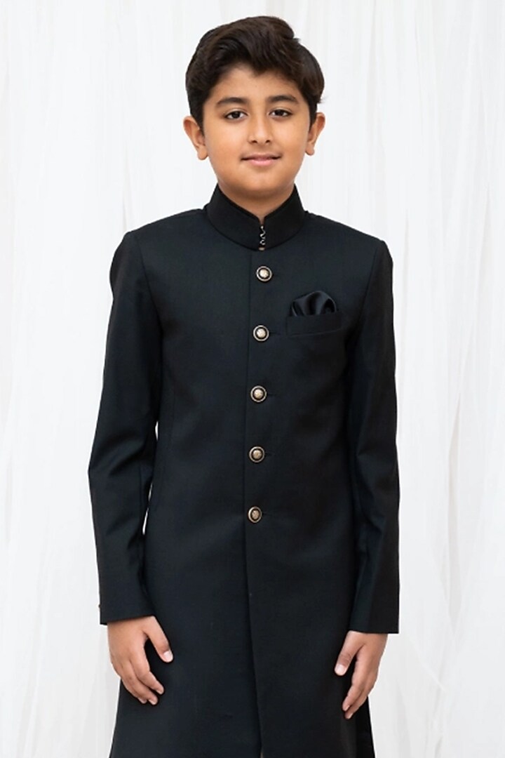 Black Suiting Sherwani Set For Boys by Fayon Kids at Pernia's Pop Up Shop
