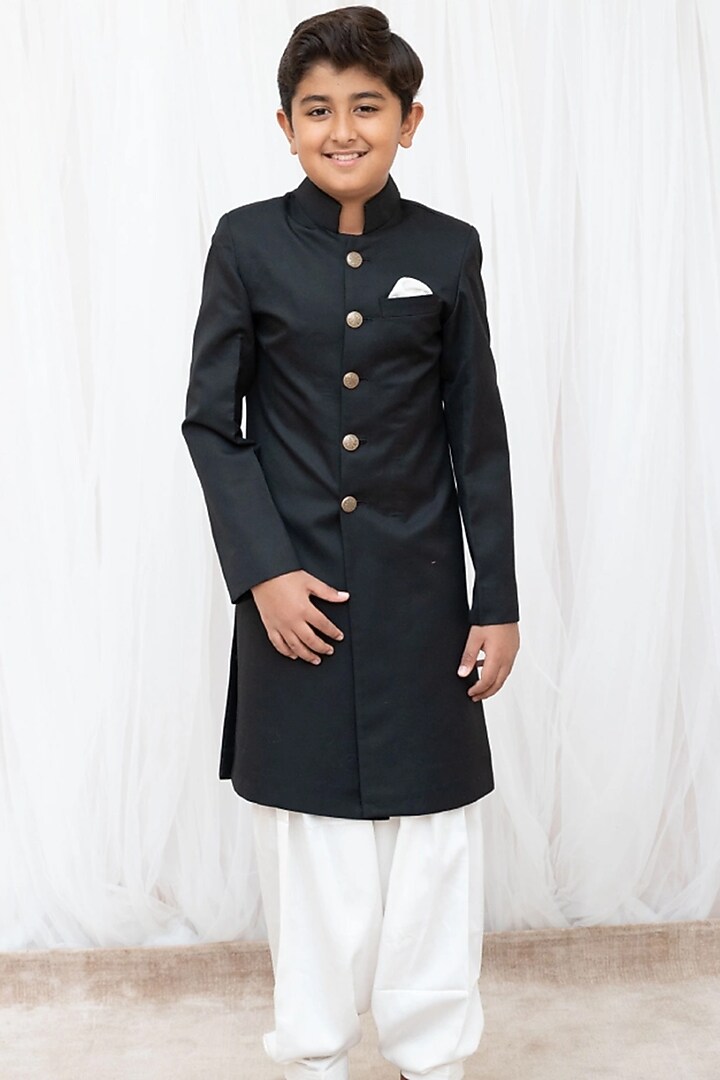 Black Suiting Sherwani Set For Boys by Fayon Kids at Pernia's Pop Up Shop
