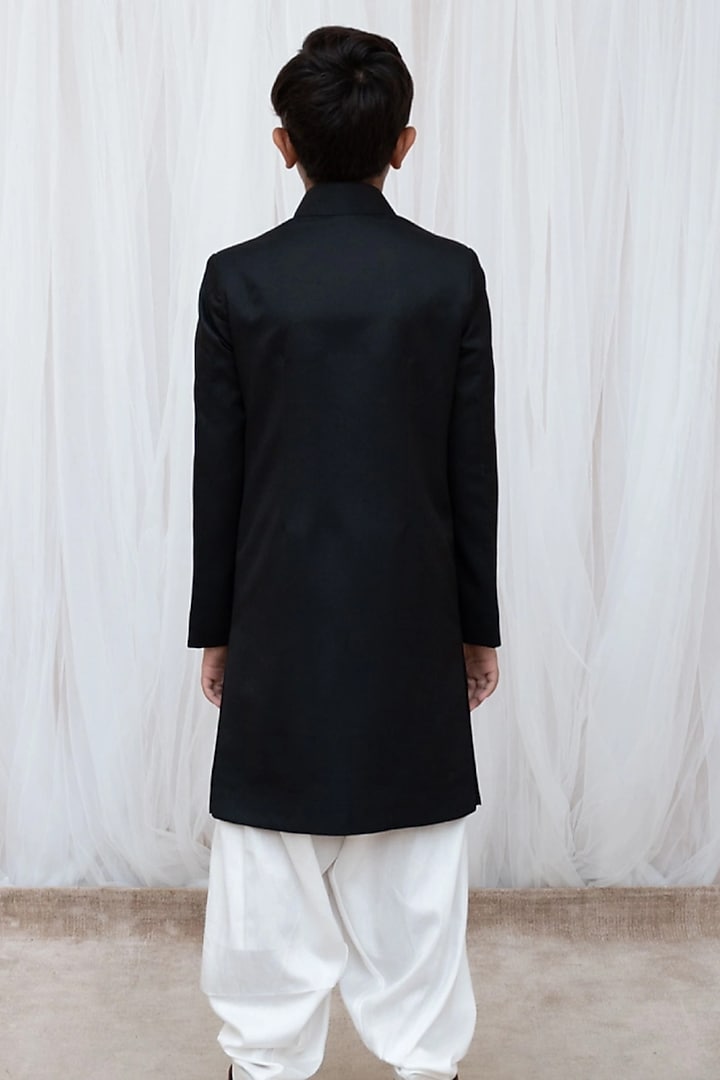 Black Suiting Sherwani Set For Boys by Fayon Kids at Pernia's Pop Up Shop