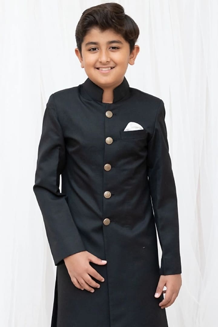 Black Suiting Sherwani Set For Boys by Fayon Kids at Pernia's Pop Up Shop