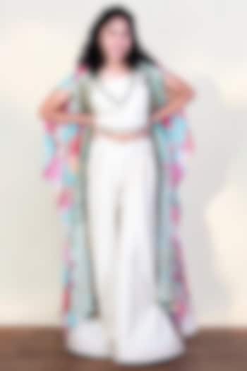 Green Georgette Printed & Embroidered Cape Set For Girls by Fayon Kids at Pernia's Pop Up Shop