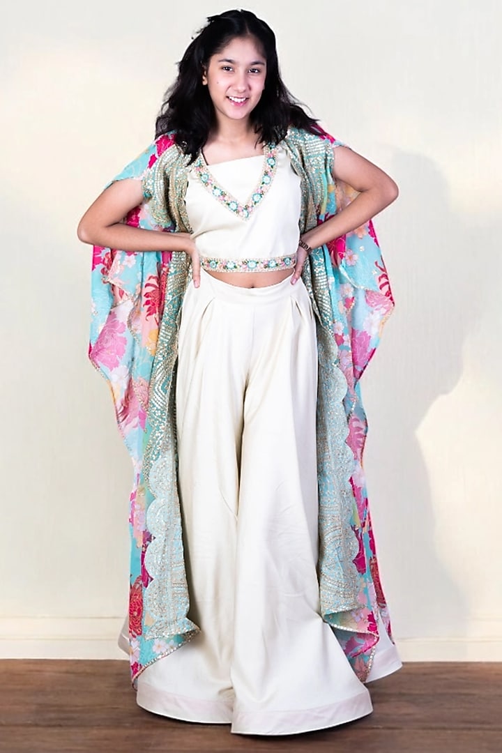 Green Georgette Printed & Embroidered Cape Set For Girls by Fayon Kids at Pernia's Pop Up Shop