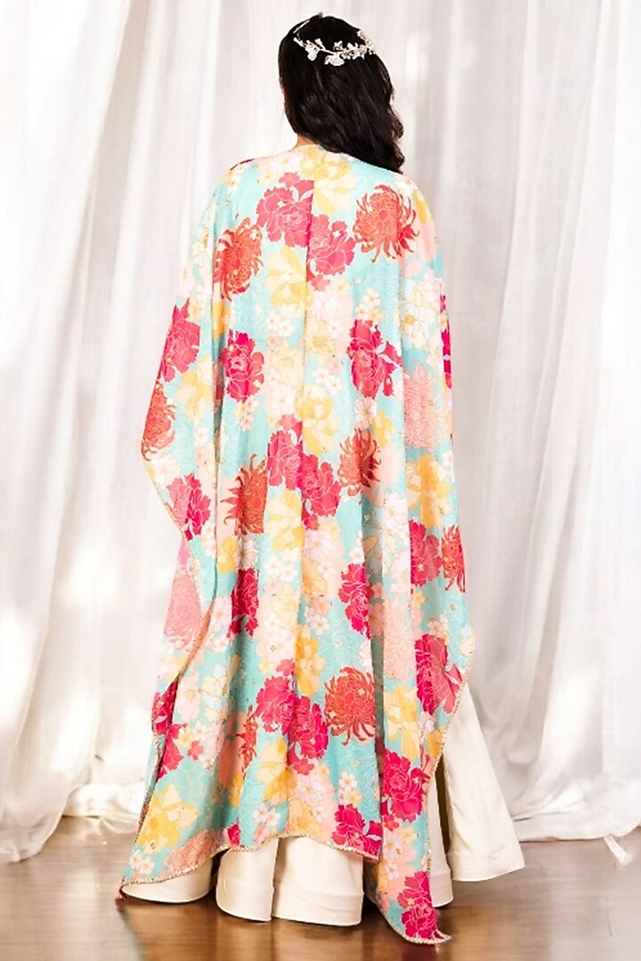 Green Georgette Printed & Embroidered Cape Set For Girls by Fayon Kids at Pernia's Pop Up Shop