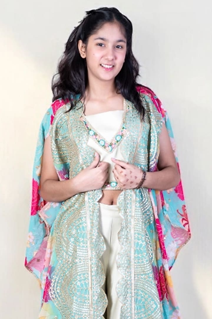 Green Georgette Printed & Embroidered Cape Set For Girls by Fayon Kids at Pernia's Pop Up Shop