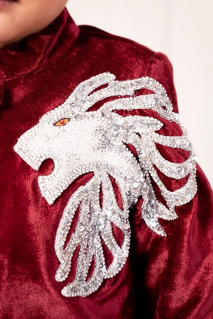 Maroon Velvet Embroidered Sherwani Set For Boys by Fayon Kids at Pernia's Pop Up Shop