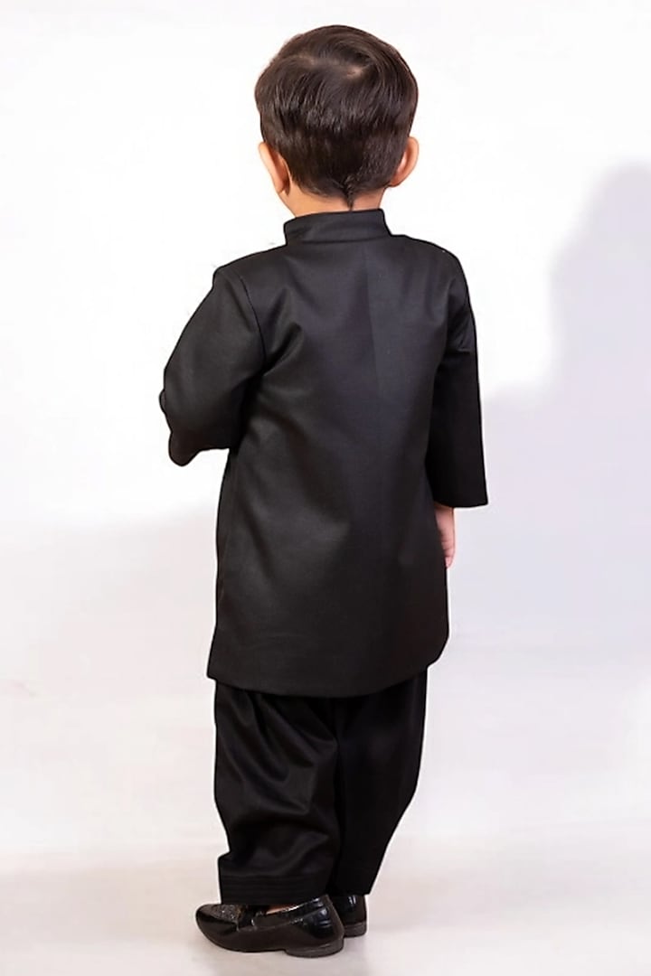 Black Suiting Bandhgala Set For Boys by Fayon Kids at Pernia's Pop Up Shop