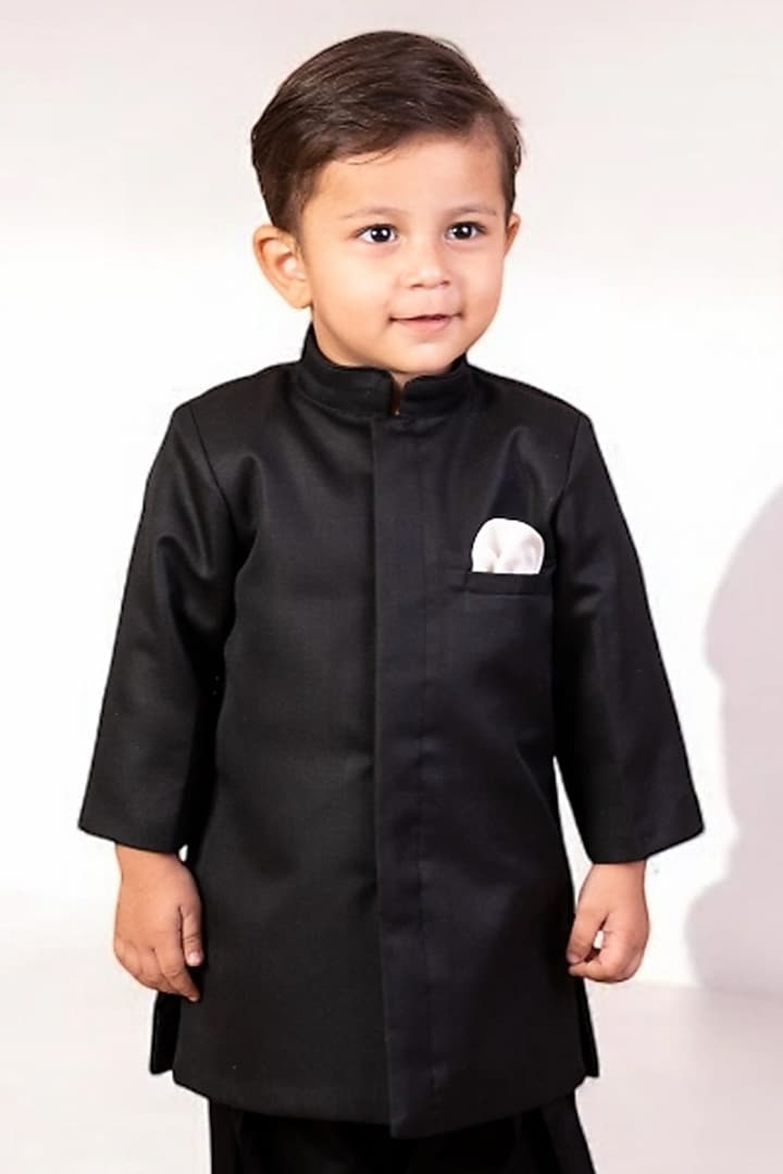 Black Suiting Bandhgala Set For Boys by Fayon Kids at Pernia's Pop Up Shop