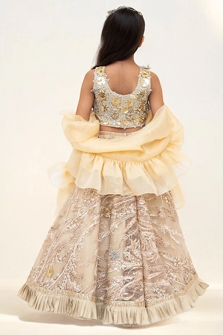 Golden Net Sequins Embroidered Lehenga Set For Girls by Fayon Kids at Pernia's Pop Up Shop