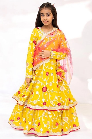 Yellow Georgette Gota Embroidered Anarkali Set For Girls by Fayon Kids