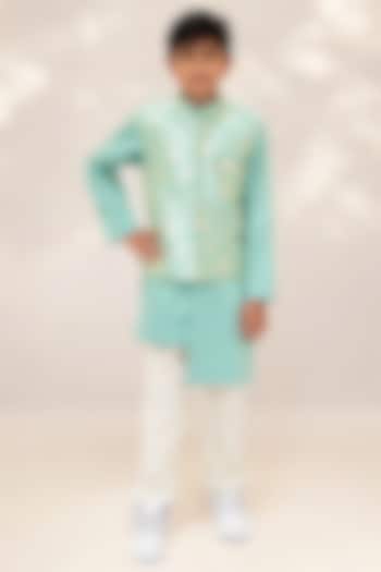 Green Brocade Nehru Jacket Set For Boys by Fayon Kids at Pernia's Pop Up Shop