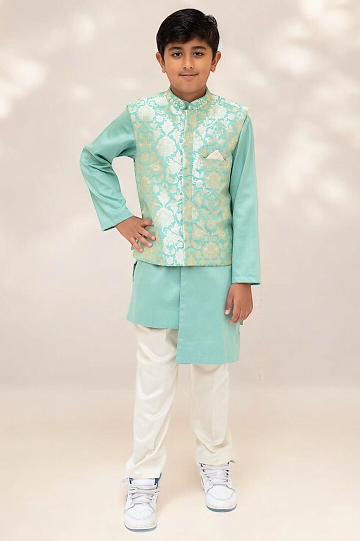 Green Brocade Nehru Jacket Set For Boys by Fayon Kids at Pernia's Pop Up Shop