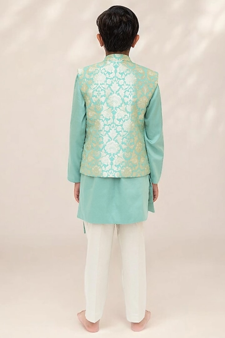 Green Brocade Nehru Jacket Set For Boys by Fayon Kids at Pernia's Pop Up Shop