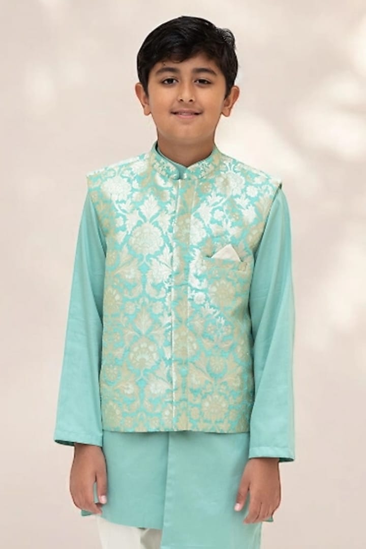 Green Brocade Nehru Jacket Set For Boys by Fayon Kids at Pernia's Pop Up Shop