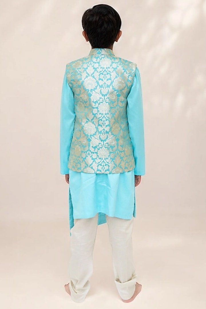 Blue Brocade Nehru Jacket Set For Boys by Fayon Kids at Pernia's Pop Up Shop