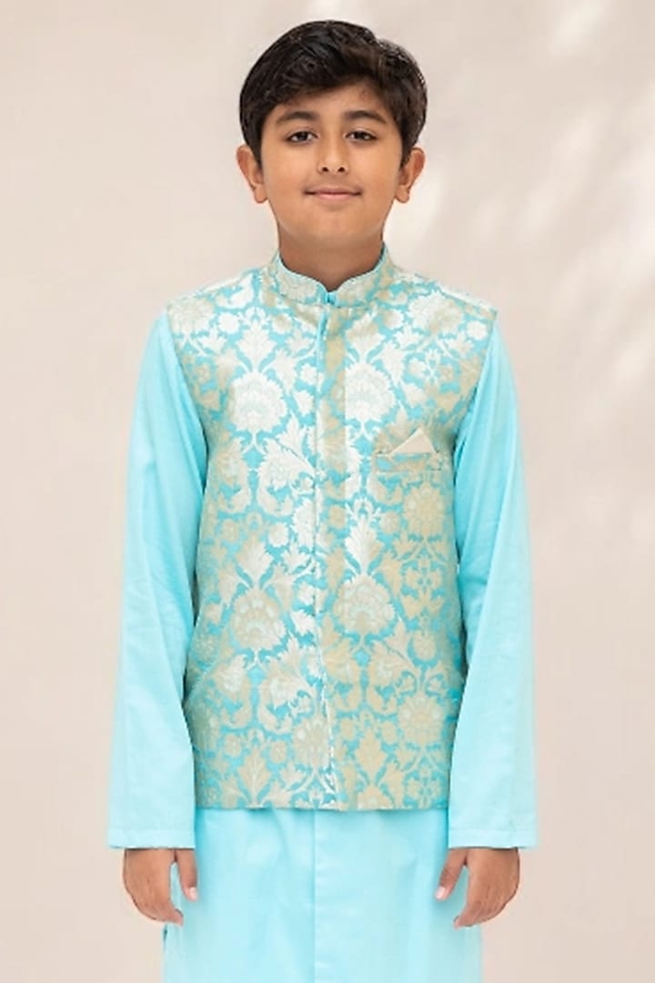 Blue Brocade Nehru Jacket Set For Boys by Fayon Kids at Pernia's Pop Up Shop