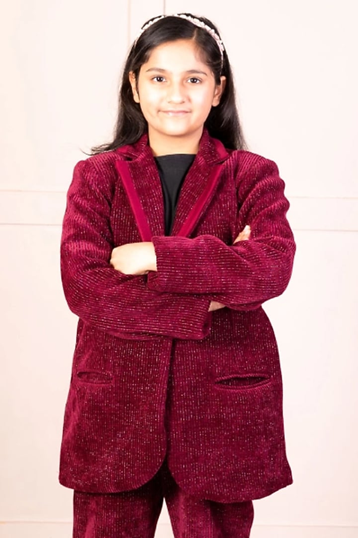 Maroon Corduroy Jacket Set For Girls by Fayon Kids at Pernia's Pop Up Shop