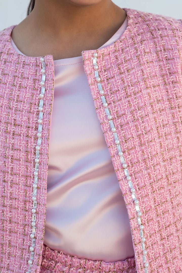 Pink Tweed Jacket Set For Girls by Fayon Kids at Pernia's Pop Up Shop