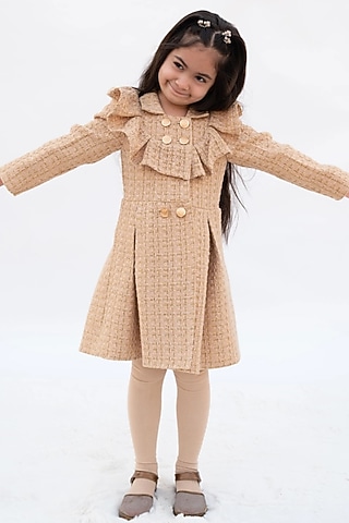 Beige Tweed Dress For Girls by Fayon Kids