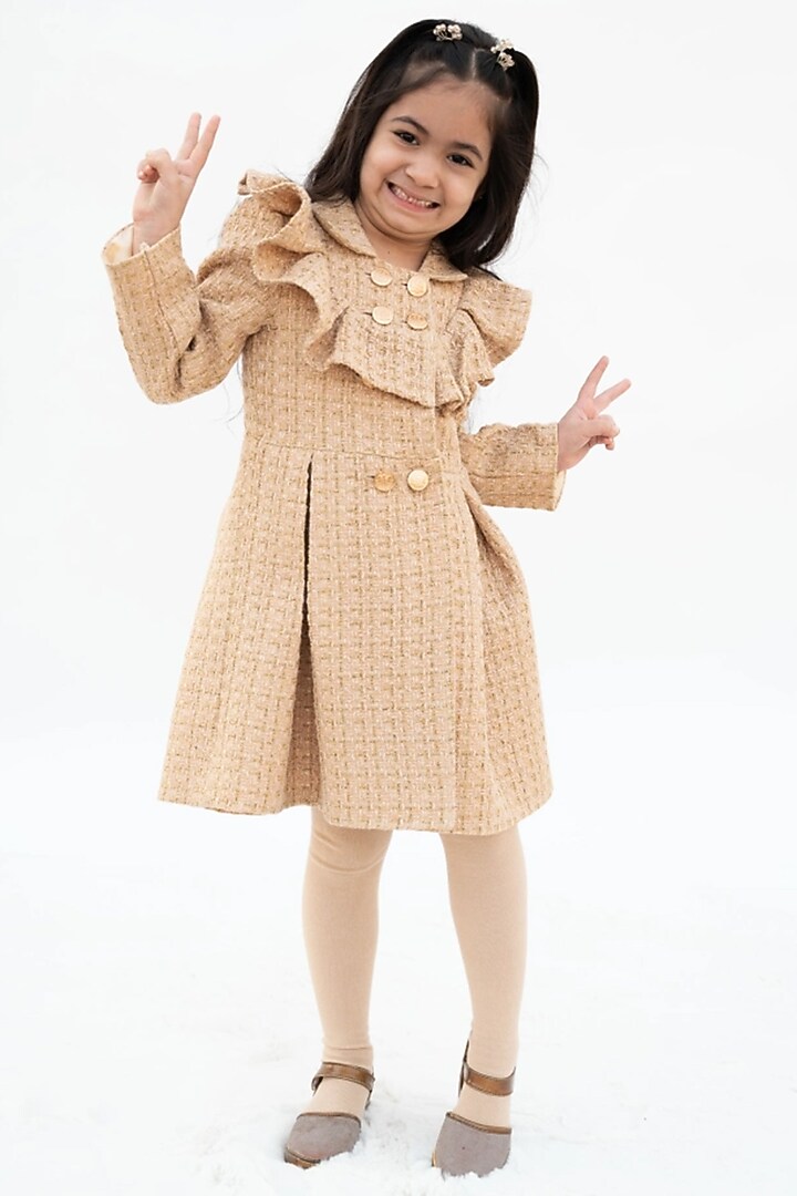 Beige Tweed Dress For Girls by Fayon Kids at Pernia's Pop Up Shop