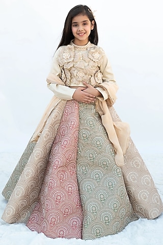 Golden Glace Cotton Embroidered Lehenga Set For Girls by Fayon Kids