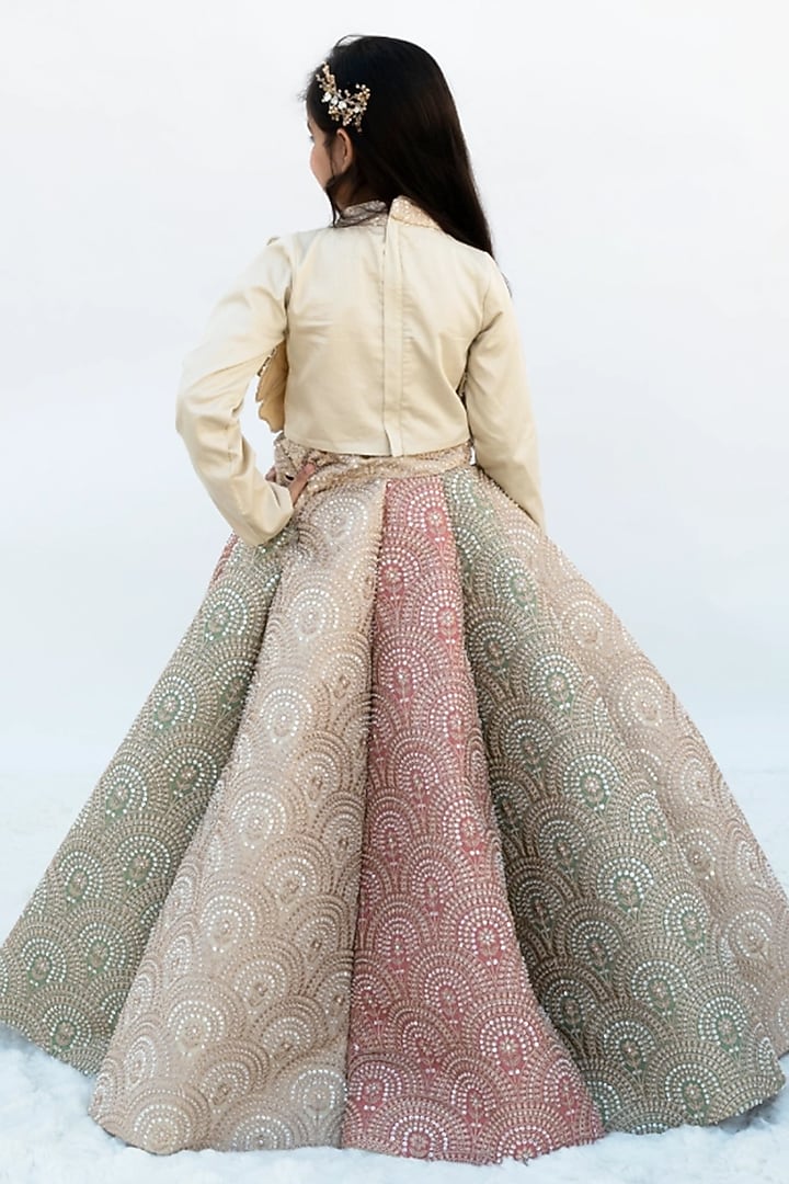 Golden Glace Cotton Embroidered Lehenga Set For Girls by Fayon Kids at Pernia's Pop Up Shop