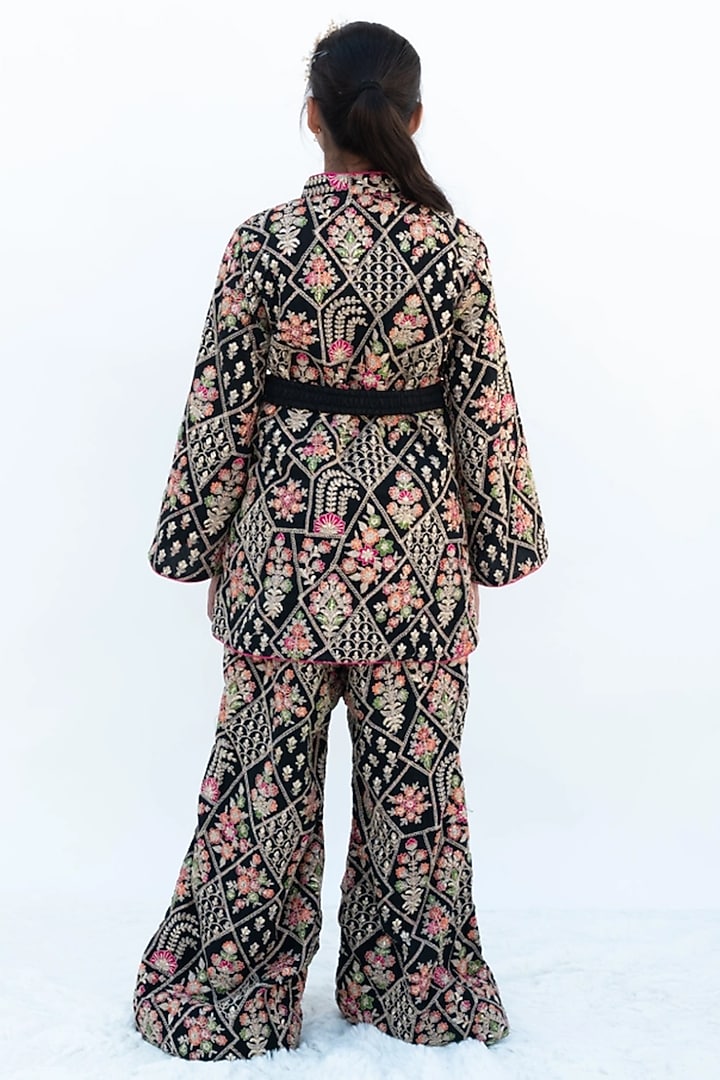 Black Georgette Embroidered Jacket Set For Girls by Fayon Kids at Pernia's Pop Up Shop