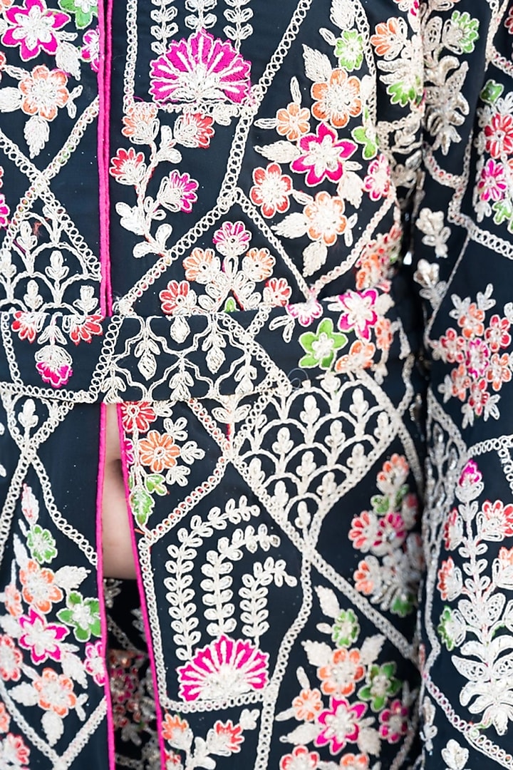 Black Georgette Embroidered Jacket Set For Girls by Fayon Kids at Pernia's Pop Up Shop