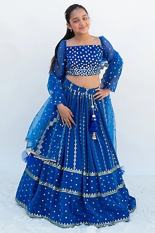 Blue Georgette Embroidered Lehenga Set For Girls by Fayon Kids