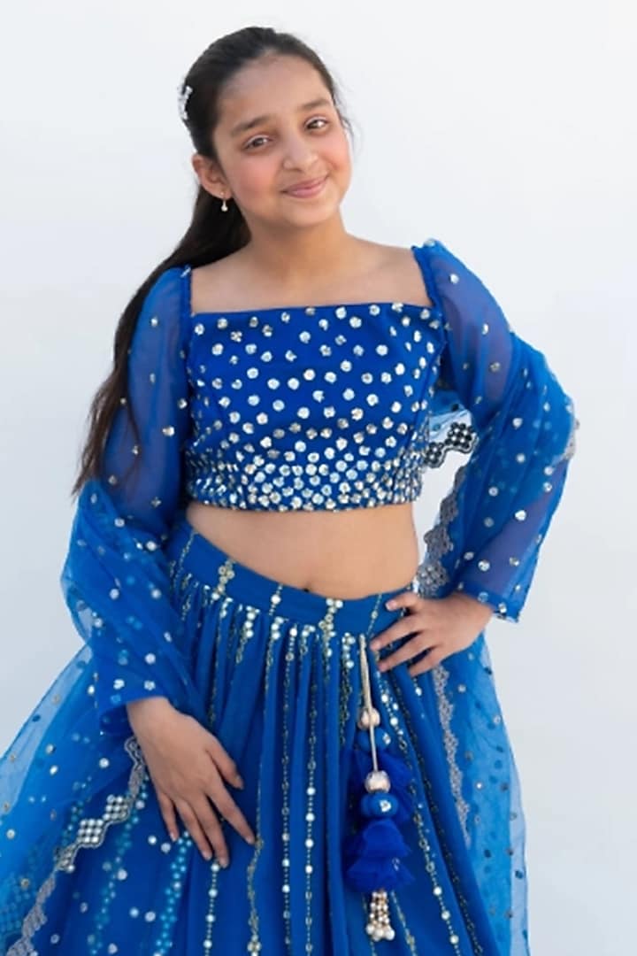 Blue Georgette Embroidered Lehenga Set For Girls by Fayon Kids at Pernia's Pop Up Shop