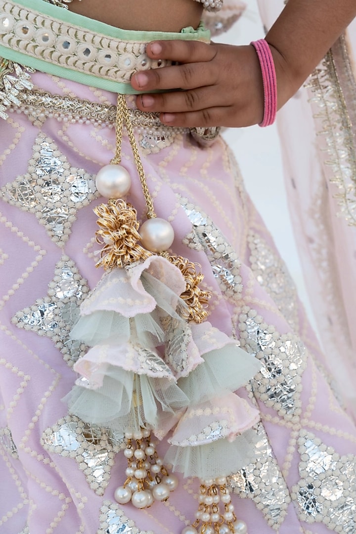 Pink Georgette Gota Embroidered Lehenga Set For Girls by Fayon Kids at Pernia's Pop Up Shop