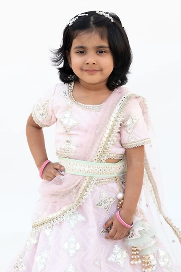 Pink Georgette Gota Embroidered Lehenga Set For Girls by Fayon Kids at Pernia's Pop Up Shop