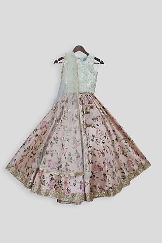Pista Green Floral Lehenga Set For Girls by Fayon Kids