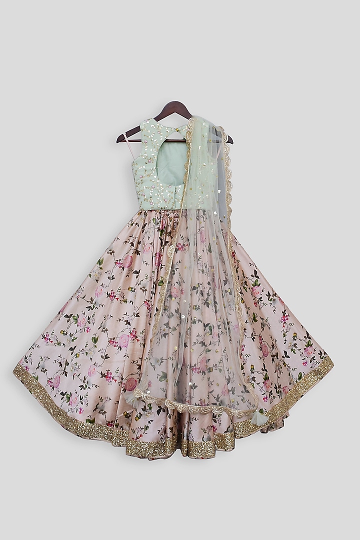 Pista Green Floral Lehenga Set For Girls by Fayon Kids at Pernia's Pop Up Shop