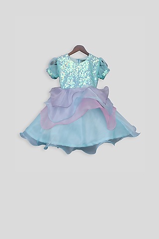 Blue Embellished Sequins Frock For Girls by Fayon Kids