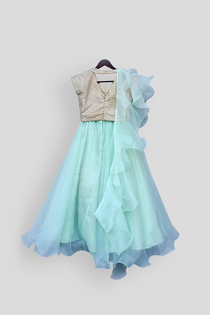 Beige & Green Embroidered Lehenga Set For Girls by Fayon Kids at Pernia's Pop Up Shop
